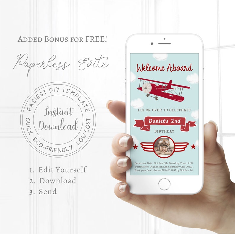 May include: A digital invitation for a 2nd birthday party with a red airplane and blue clouds. The invitation says "Welcome Aboard" and "Fly on over to celebrate Daniel's 2nd Birthday".