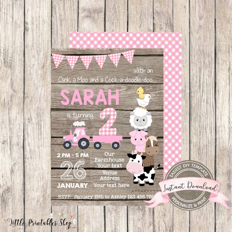 May include: A pink and white farm-themed birthday invitation with the name "SARAH" and the number "2" prominently displayed. The design includes a pink tractor, farm animals, and the text "Instant Download". The background is a rustic wood texture.