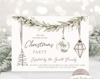 Christmas Party Invitation, Editable Christmas Party Invite, Boho Holiday Party Invitation, Modern Christmas Dinner Invite, Christmas Invite