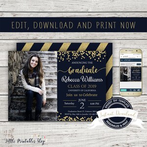 May include: A graduation announcement template with a photo of a woman on the left and event details on the right. The design features navy blue and gold accents, with the text "EDIT, DOWNLOAD AND PRINT NOW" at the top.