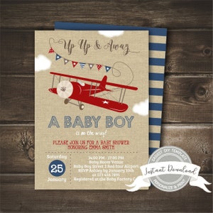 Airplane Baby Shower Invitation, Up Up and Away Invite, Boy Baby Shower, Editable & Printable, Digital, Instant Access, EDIT NOW with Corjl
