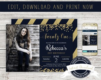 21st Photo Invitation, Editable Twenty First Birthday Invite, Instant Access, DIY Printable Template, Printable 21st Invitation, Edit NOW