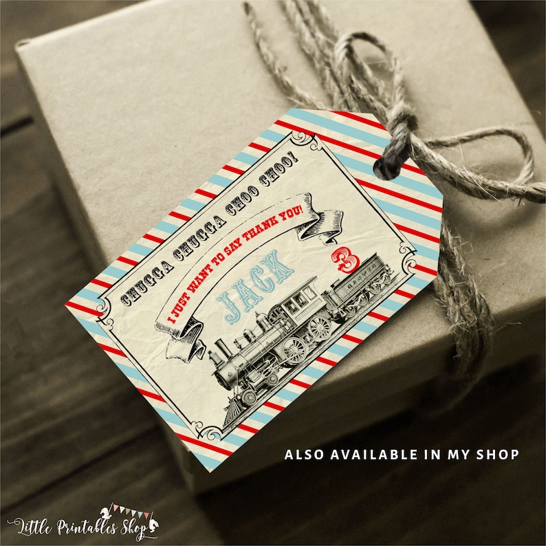 Pu&ograve; includere: Etichetta di ringraziamento a strisce rosse e blu con un'illustrazione di treno vintage e il testo "Chugga Chugga Choo Choo! I just want to say thank you! Jack 3".