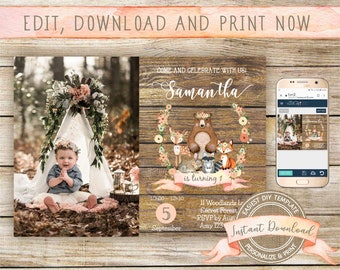 Woodland Birthday Photo Invitation for a Girl, Instant Download, Editable and Printable by you with Corjl