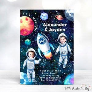 May include: A space-themed birthday invitation with a blue background and stars. The invitation features two astronauts with photos of children in their helmets. The text reads "3, 2, 1... BLAST OFF! Alexander & Jayden are turning 5 & 6. March 21st at 15:00 Planet Road 57 Far Away Galaxy RSVP by March 10th Amy 123 4567891"