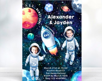 Sibling Space Birthday Invitation, Joint Birthday Outer Space Invite, Printable Double Galaxy Invitation, Editable Boy Birthday Invitation