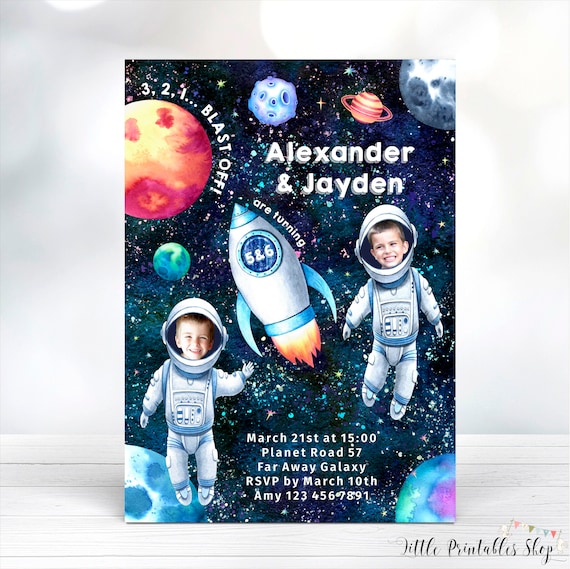 Sibling Space Birthday Invitation, Joint Birthday Outer Space Invite, Printable Double Galaxy Invitation, Editable Boy Birthday Invitation Il_570xn