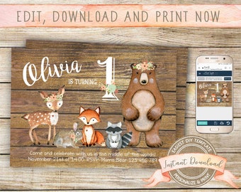 Woodland Birthday Invitation for a Girl, Instant Download, Editable by you with Corjl, Printable Floral Woodland Invite