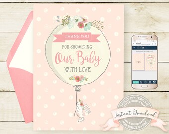Bunny Baby Shower Thank You Card, INSTANT DOWNLOAD, Editable by you with Corjl, Printable Digital Template, 3.5 x 5, Bunny Thank You Cards