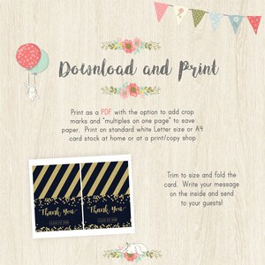 May include: A printable graduation thank you card design. The card features a navy blue and gold diagonal stripe pattern with the words "Thank You" and "Class of 2018". The image also includes text that says "Download and Print".