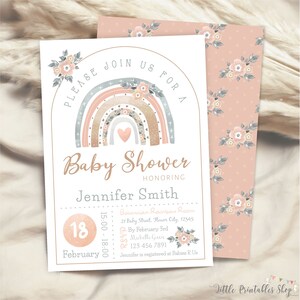 Rainbow Baby Shower Invitation, Editable Boho Baby Shower Invite, Printable Gender Neutral, FREE Smartphone Evite Included, Bohemian Modern
