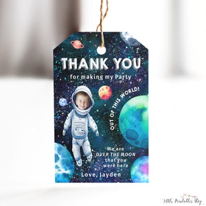 Space Thank You Tags with Photo, Instant Download, Printable Outer Space Party Tags, Editable Galaxy Party Favors, Space Thank You cards