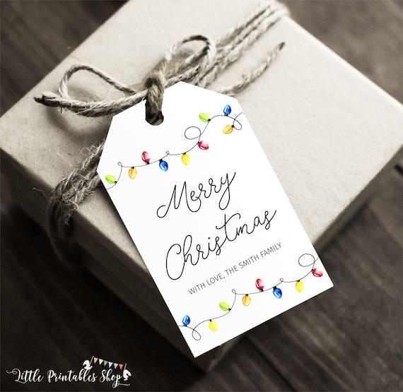 Editable Christmas Gift Tag with String Lights, Instant Access, Personalized Favor Tag Template, Elegant Printable Christmas Hang Tag Il_570xn