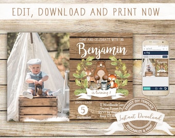 Woodland Birthday Photo Invitation for a Boy, Instant Download, Editable and Printable by you with Corjl