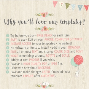 May include: A pink and green floral graphic with the text "Why you'll love our templates!" and a list of 10 reasons why you should use the templates. The reasons include: free demo, easy to use, instant access, no software to install, edit in your browser, edit text and change colour, size and font, move things around, rotate and scale, add your own photos, save as a high quality PDF or JPEG file, print with or without backside, save and make changes later, and the template expires after 6 months.