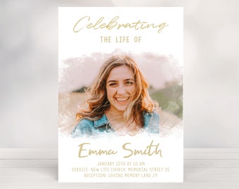 Funeral Invitation, Editable Memorial Invitation, Gold Funeral Invite, DIY Memorial Announcement Template, Modern Funeral Photo Invitation