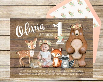 Woodland Boho Birthday Invitation, Forest Animals Floral Invite, Forest Friends, DIGITAL Printable Invite, Coral and Turquoise Photo Invite