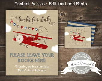 May include: A printable sign with a red airplane and blue and red bunting. The sign says "Books for Baby" and "Please leave your books here. Thank you for starting Baby's first library."