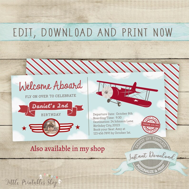 May include: A printable invitation for a 2nd birthday party with a red airplane and blue sky theme. The invitation says "Welcome Aboard" and "Fly on over to celebrate Daniel's 2nd Birthday".