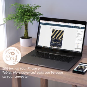 May include: A laptop and smartphone display a navy blue and gold graduation thank you card design. The card features diagonal stripes and confetti. The laptop is on a wooden desk with a small potted plant. Text on the image says "Thank You" and "Personalize with Corjl!"