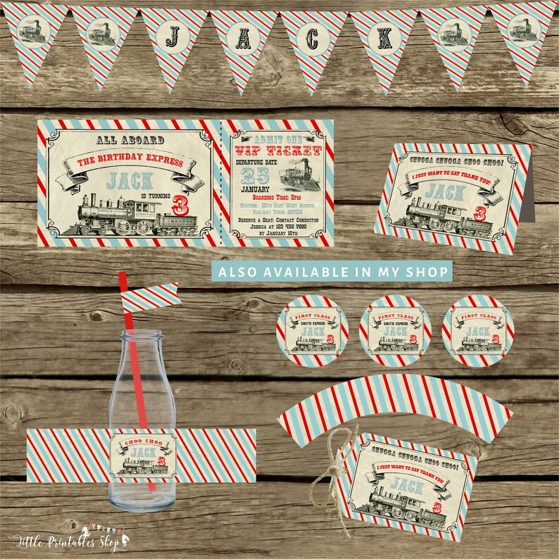 Pu&ograve; includere: Un set di decorazioni per feste stampabili a tema treno per un compleanno. Il set include uno striscione, inviti, etichette per bomboniere e topper per cupcake. Le decorazioni presentano un design di treno vintage con strisce rosse, blu e bianche.