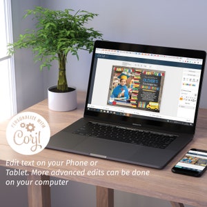 May include: A laptop computer screen shows a digital design template for a kindergarten graduation announcement. The design features a photo of a child in a graduation cap and gown, a chalkboard with the text "Oliver's Kindergarten Graduation", and a school bus. The text "Personalize with Coryl" is visible on a sticker on the laptop.