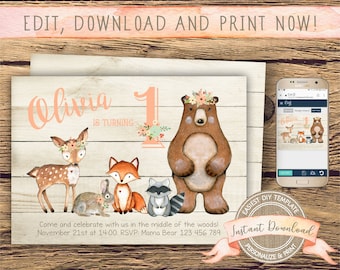 Woodland Birthday Invitation for a Girl, Instant Download and Editable by you with Corjl