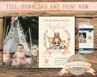May include: A digital invitation for a first birthday party, featuring a photo of a baby and a woodland animal illustration. The invitation includes the text "EDIT, DOWNLOAD AND PRINT NOW" and "Sophia is turning 1".
