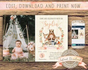 Woodland Photo Birthday Invitation for a Girl, Instant Download, Editable and Printable by you with Corjl