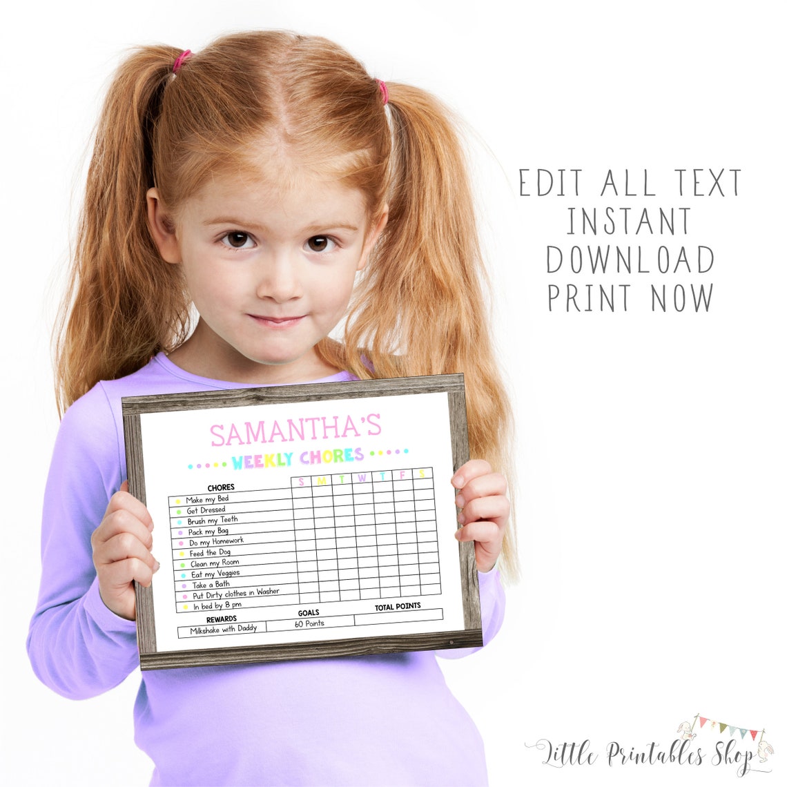 Printable Chore Chart for Girls Editable by You With Corjl - Etsy