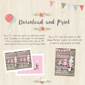 May include: A printable invitation design with a farm animal theme. The invitation features the name "SARAH" and the number "2" in pink. The design includes a tractor, farm animals, and the text "Download and Print".