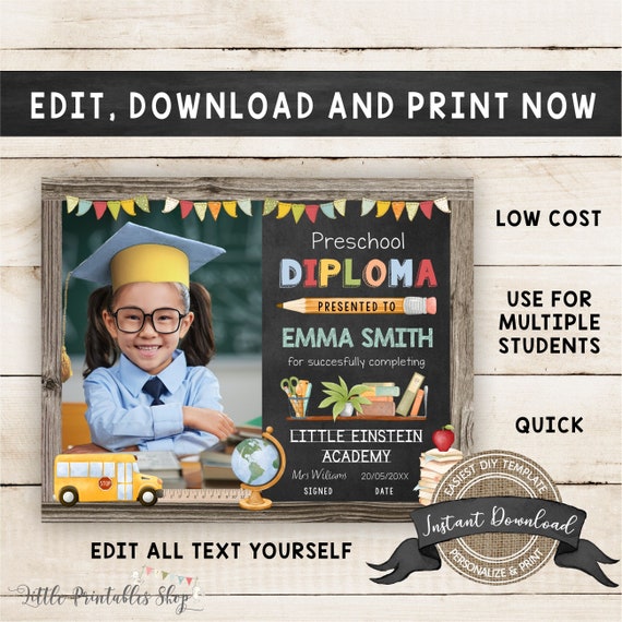 Editable Preschool Graduation Diploma with Photo, Change to Any Grade, INSTANT DOWNLOAD, DIY Printable Preschool Certificate