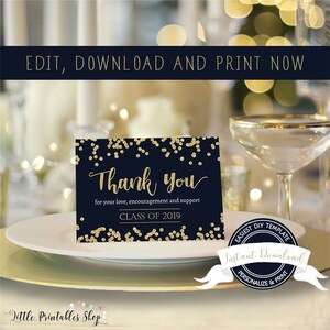 May include: A navy blue graduation thank you card with gold confetti and text. The card reads "Thank You" and "Class of 2019". The card is on a white plate with a blurred background. The text "Edit, Download and Print Now" is at the top.