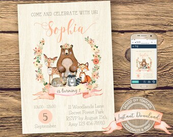 Woodland Birthday Invitation for a Girl, Instant Download, Editable and Printable by you with Corjl