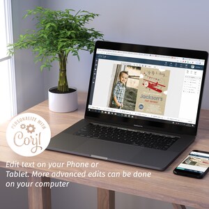 May include: A computer screen displaying a digital invitation for a boy's first birthday party. The invitation features a red and white airplane with the text "My 1st Fly Away" and "Jackson's First Birthday".