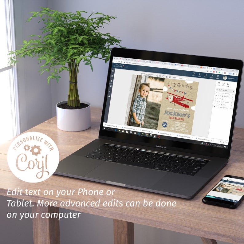 May include: A computer screen displaying a digital invitation for a boy's first birthday party. The invitation features a red and white airplane with the text "My 1st Fly Away" and "Jackson's First Birthday".
