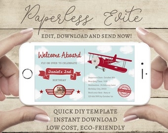 Digital Airplane Ticket Invitation, Airplane Birthday Evite, Electronic Airplane Invitation for a Boy, Instant Access, EDIT NOW with Corjl