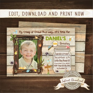 May include: A printable invitation for a 5th birthday party with a bug theme. The invitation features a photo of a boy, a jar with bugs, and the text "Fly. Creep or Crawl this way... It's time for DANIEL'S 5th Birthday".
