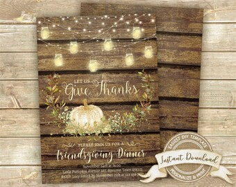 May include: Thanksgiving dinner invitation with a rustic wooden background. The invitation features a white pumpkin, floral accents, and string lights. Text includes "Let us Give Thanks" and "Friendsgiving Dinner".
