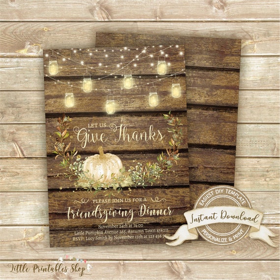 Friendsgiving Dinner Invitation, Rustic Thanksgiving Invitation, Instant Download, Editable Thanksgiving Invite, Printable Give Thanks Il_570xn