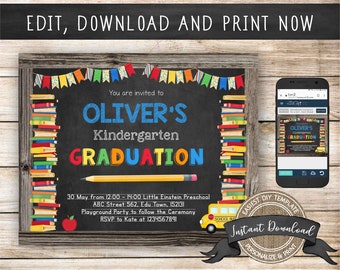 Kindergarten Graduation Invitation for a Boy or Girl, Editable and Printable by you with Corjl, INSTANT DOWNLOAD, DIY Graduation Invite