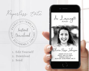 Digital Memorial Invitation, Editable Smartphone Funeral Invite, Minimal Memorial Evite, Funeral Announcement Template, Funeral Photo Evite