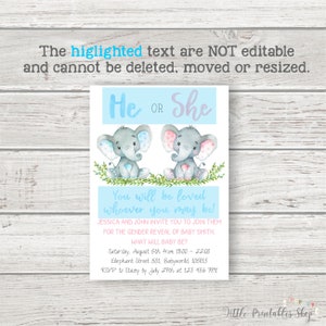 May include: A baby shower invitation with a watercolor design. The invitation features two gray elephants, one with blue accents and the other with pink. Text includes "He or She" and "You will be loved whoever you may be!"