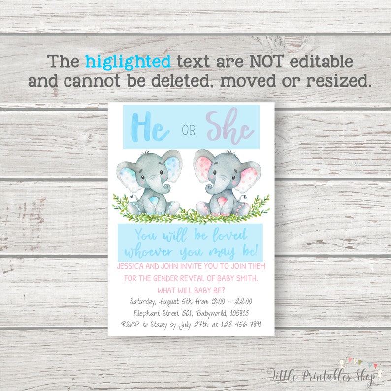 May include: A baby shower invitation with a watercolor design. The invitation features two gray elephants, one with blue accents and the other with pink. Text includes "He or She" and "You will be loved whoever you may be!"