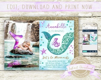 Mermaid Photo Invitation, Instant Download, Editable by you with Corjl, Printable Mermaid Birthday Invite for a Girl, Purple and Teal