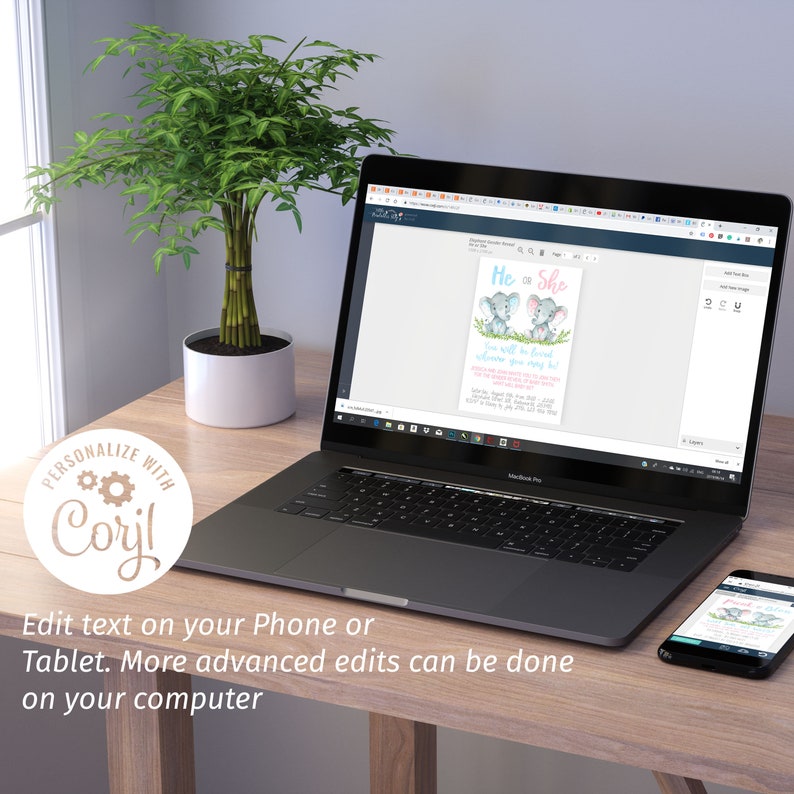May include: A laptop and smartphone display a baby shower invitation with elephant graphics. The invitation features the text "He or She" in blue and pink, with additional text below. A potted plant sits to the left. The image includes the text "Personalize with Corjl!"