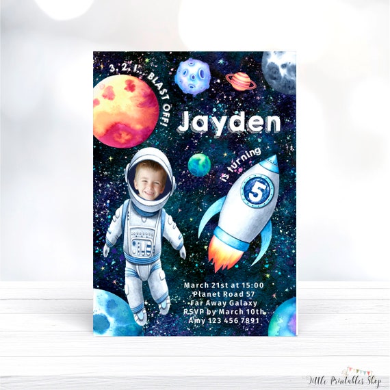 Space Birthday Photo Invitation, INSTANT DOWNLOAD, Printable Space Invite, Editable Astronaut Party Invitation, FREE Smartphone Evite Inc. Il_570xn
