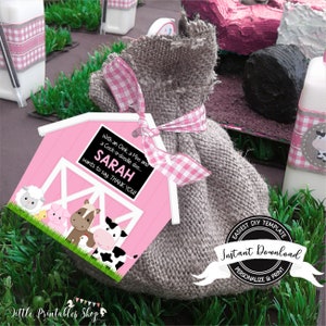 May include: A burlap sack tied with a pink and white checkered ribbon, with a pink barn-shaped tag. The tag features cartoon farm animals and the text "SARAH wants to say. THANK YOU!" The words "EASIEST DIY TEMPLATE" and "Instant Download" are also visible.