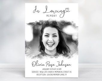 Funeral Invitation, Editable Memorial Invitation, Watercolor Funeral Invite, Memorial Announcement Template, Modern Funeral Photo Invitation