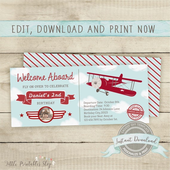 Airplane Birthday Invitation Airplane Ticket Party Invite Boy 